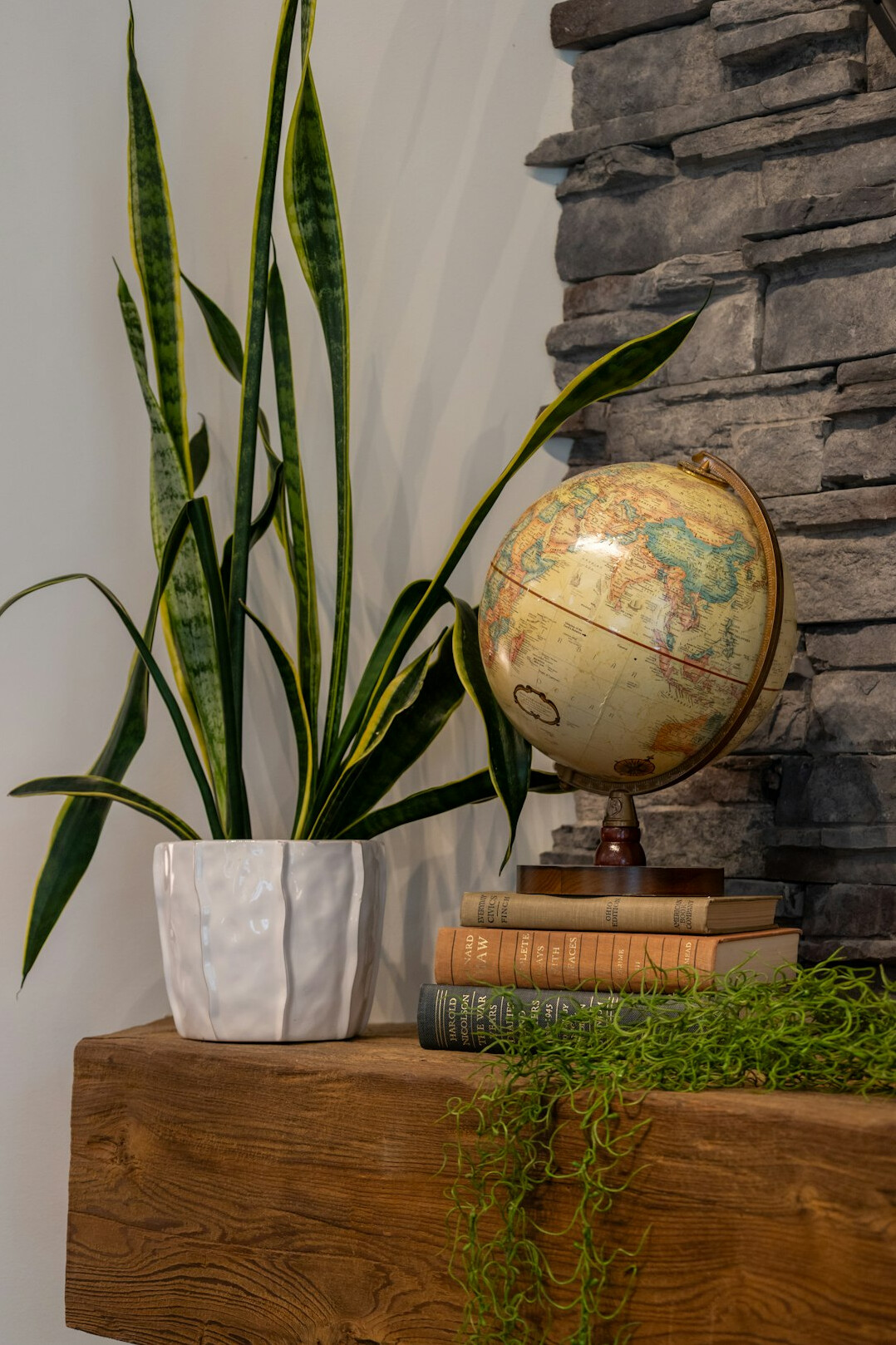 Wide shot of a modern study nook with a laptop displaying code and a small potted plant